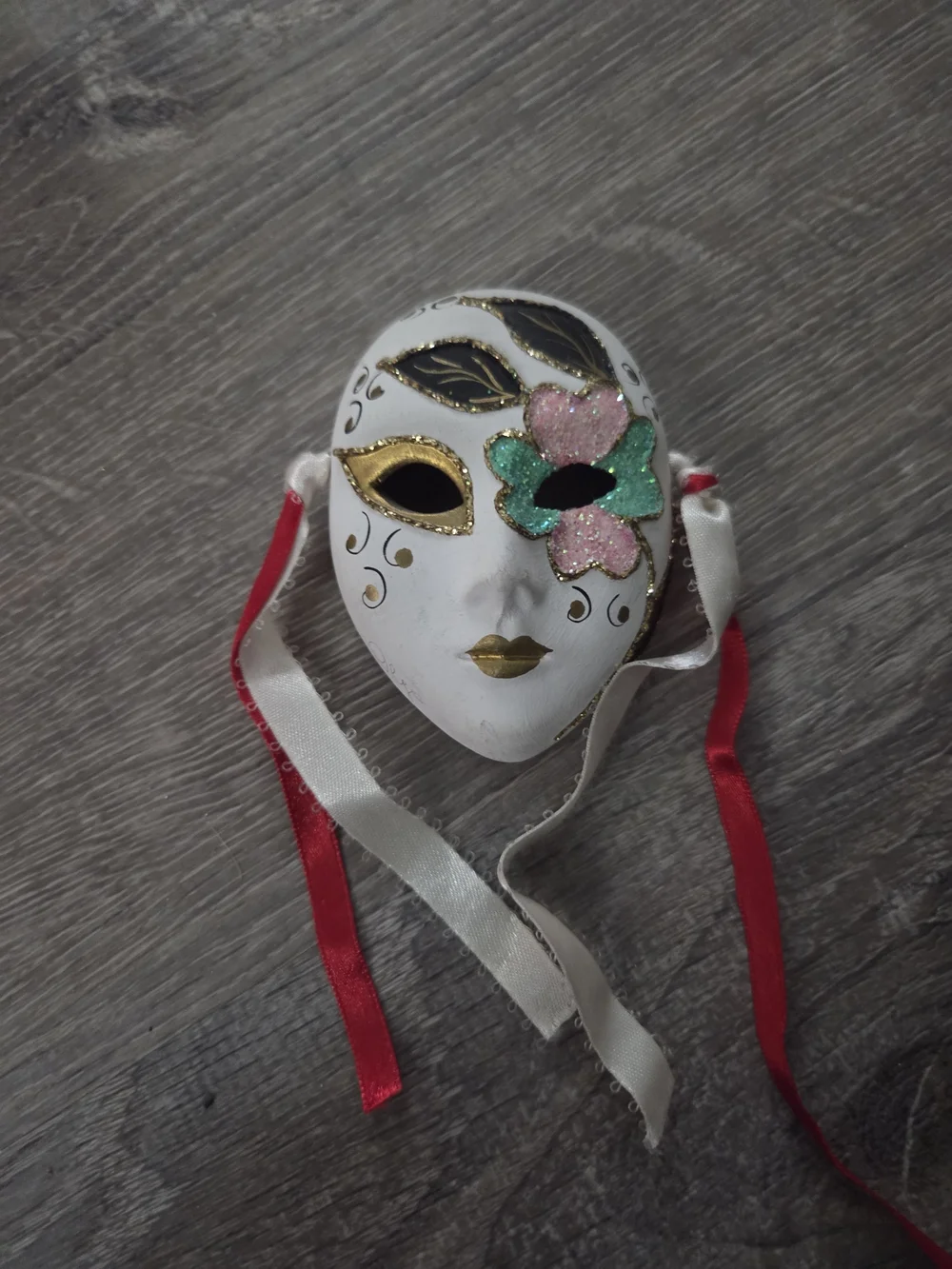 White Venetian Masquerade Mask with Pink & Green Floral Accent